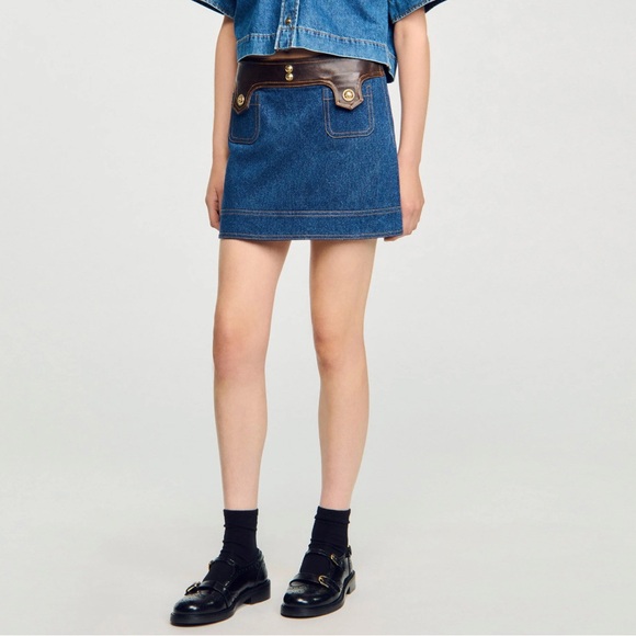 NWT Sandro Seattle Denim & Leather Jean Button Embellished Mini Skirt size 40 - Picture 5 of 11